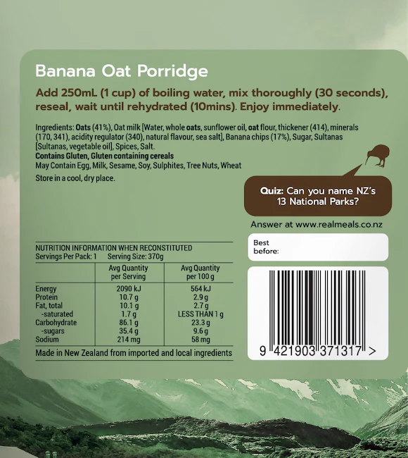 Real Meals Banana Oat Porridge Freeze Dried Meal - Image 2